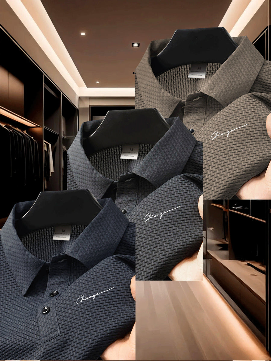 3pcs Men's Classic Polo Shirt Set, Casual and Comfortable Stretch Lapel Button- Short-sleeve Shirt, Suitable for Outdoor Sports and Leisure, Made of Breathable, Comfortable, and Elastic Fabric - Navy blue + dark gray + khaki