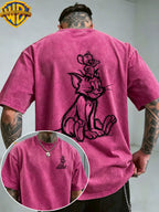 Warner Bros. Officially Authorizes Sketch Style Sitting up Print Retro Washed Distressed Short Sleeved T-shirt for Both Men and Women, Machine Washable Daily Commuting Outdoor Sports and Leisure Top - Rose Red