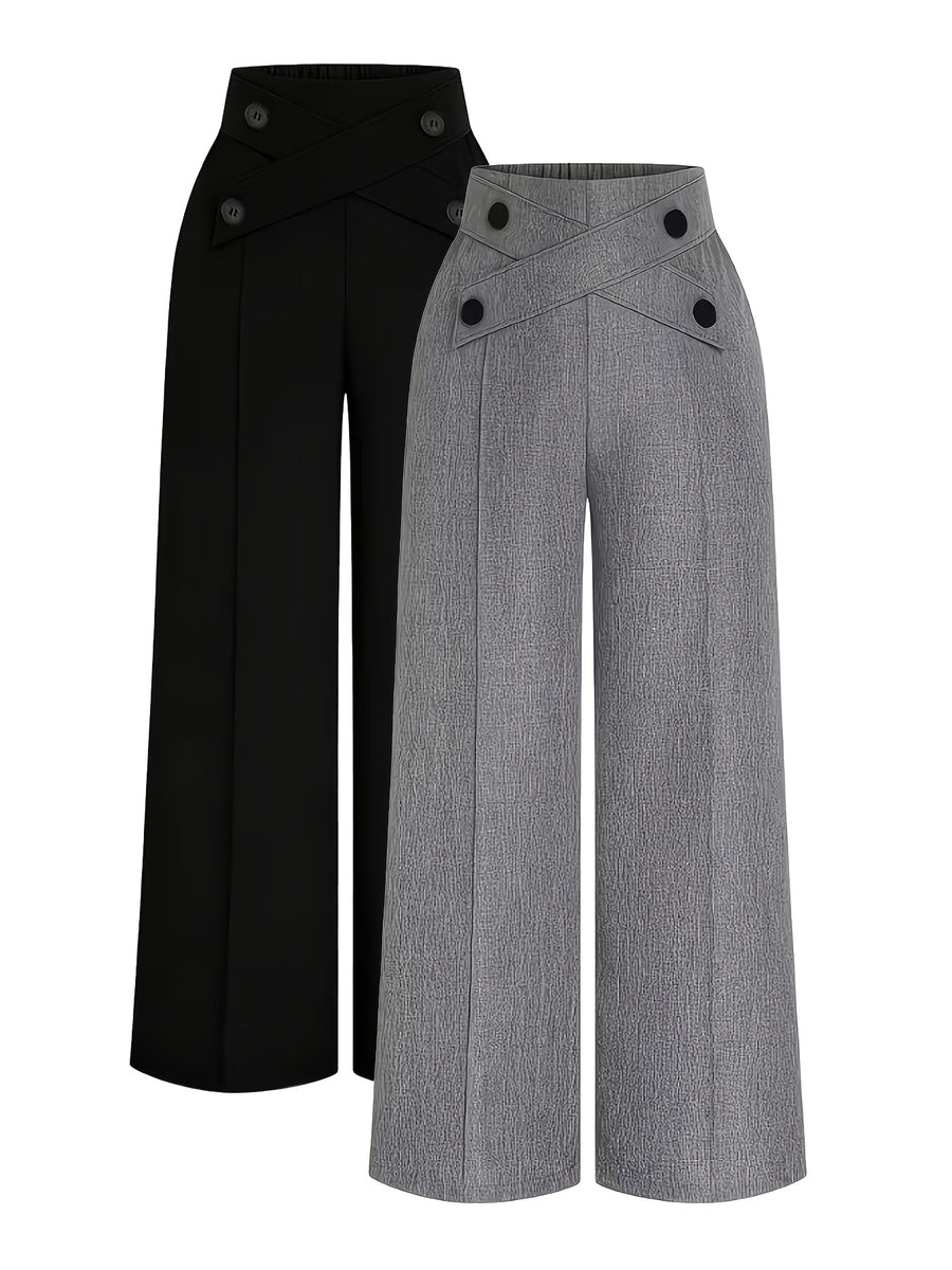 Women's Casual Suit Pants Two-Piece Set, Spring/Summer Outing, Work, Office, Daily Wear, Elegant Straight-Leg Pants, Thin Long Pants for Women - 2pcs Black And Gray
