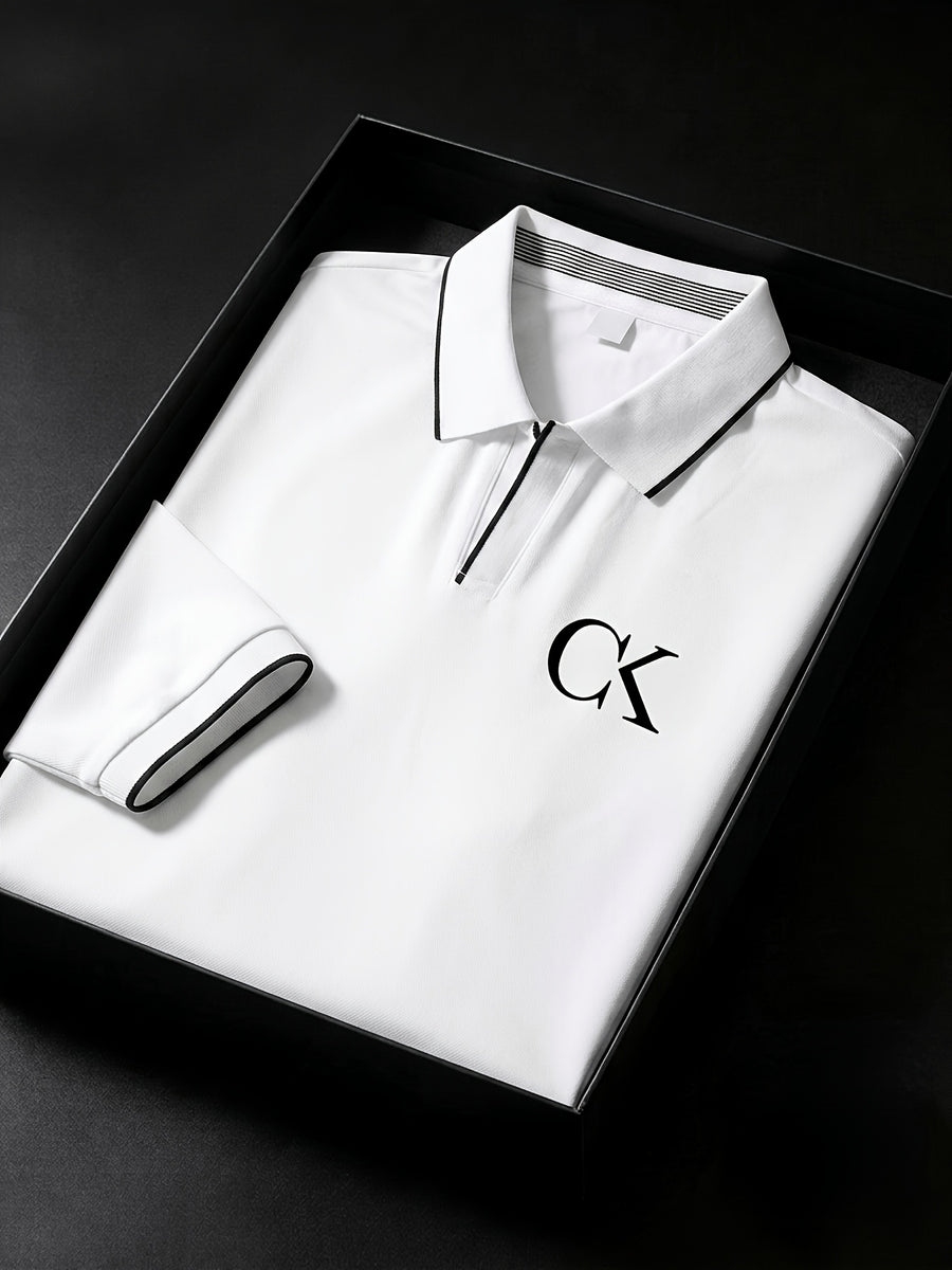 Quick-Dry V-Neck Men'S Golf Polo with Contrast Cuffs, Classic Logo Print, Luxury Contrast Collar, Anti-Pilling Breathable Fabric, Ideal for Sports, Business Casual, Commuting, Golf, And Business Settings - White