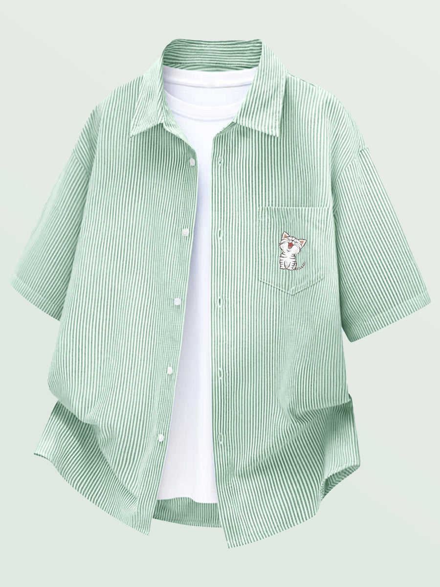 Summer Fashion New Fun Cartoon Healing Style Pocket Print Short Sleeve Thin Striped Lapel Casual Loose Shirt - Light Green