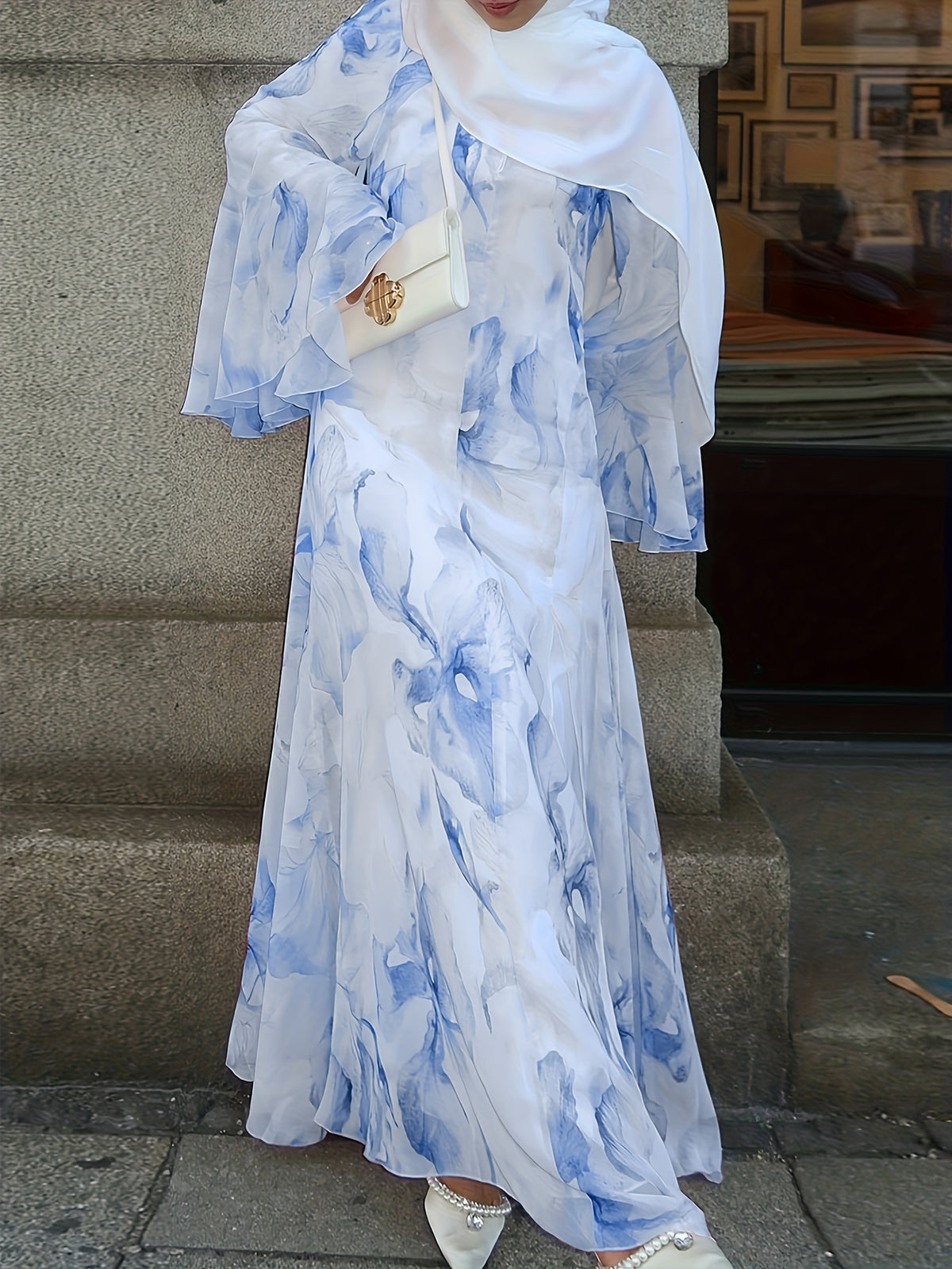 Autumn'S New French Elegant Round-Neck Long Dress, Elegant And Romantic Pink Floral Printed Flared Sleeve Long Dress/Elegant Street Style/Eye-Catching Long-Sleeved Floor-Length Dress for Dates - Light Blue