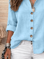 Women's Button-Up V-Neck Roll-Up Three-Quarter Sleeve Summer Casual Vacation Top JYDX - Lake Blue