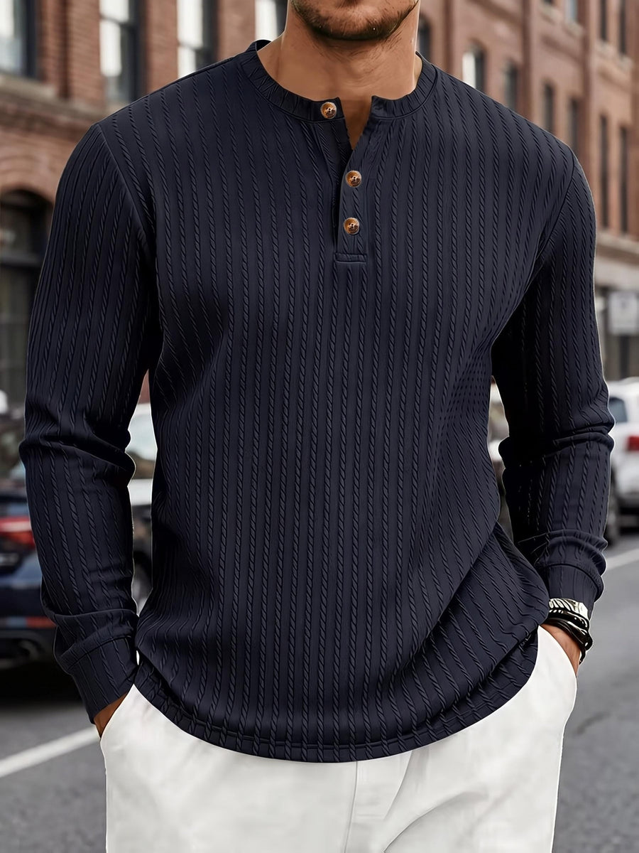 1pc Men'S Jacquard Long Sleeve Henley Shirt Solid Striped Textured Fabric with Stretch Street Style Casual Top for Autumn Winter Fashion White Matchable Pullover Base Layer - Navy Color