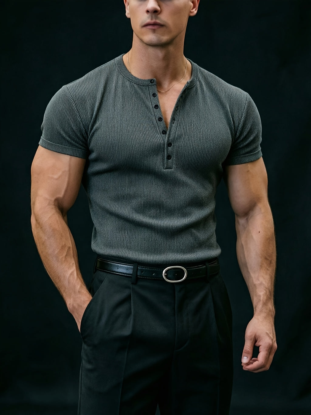 American Vintage Henley Knit Short Sleeve Top, Men'S Slim Fit T-Shirt, Square Shoulder Cut Enhances Shoulder Lines, Vertical Striped Elastic Fabric Moisture-Wicking And Breathable, Suitable for Commuting Office, Fitness Training, Travel Vacation - Dark Gray