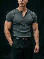 American Vintage Henley Knit Short Sleeve Top, Men'S Slim Fit T-Shirt, Square Shoulder Cut Enhances Shoulder Lines, Vertical Striped Elastic Fabric Moisture-Wicking And Breathable, Suitable for Commuting Office, Fitness Training, Travel Vacation - Dark Gray
