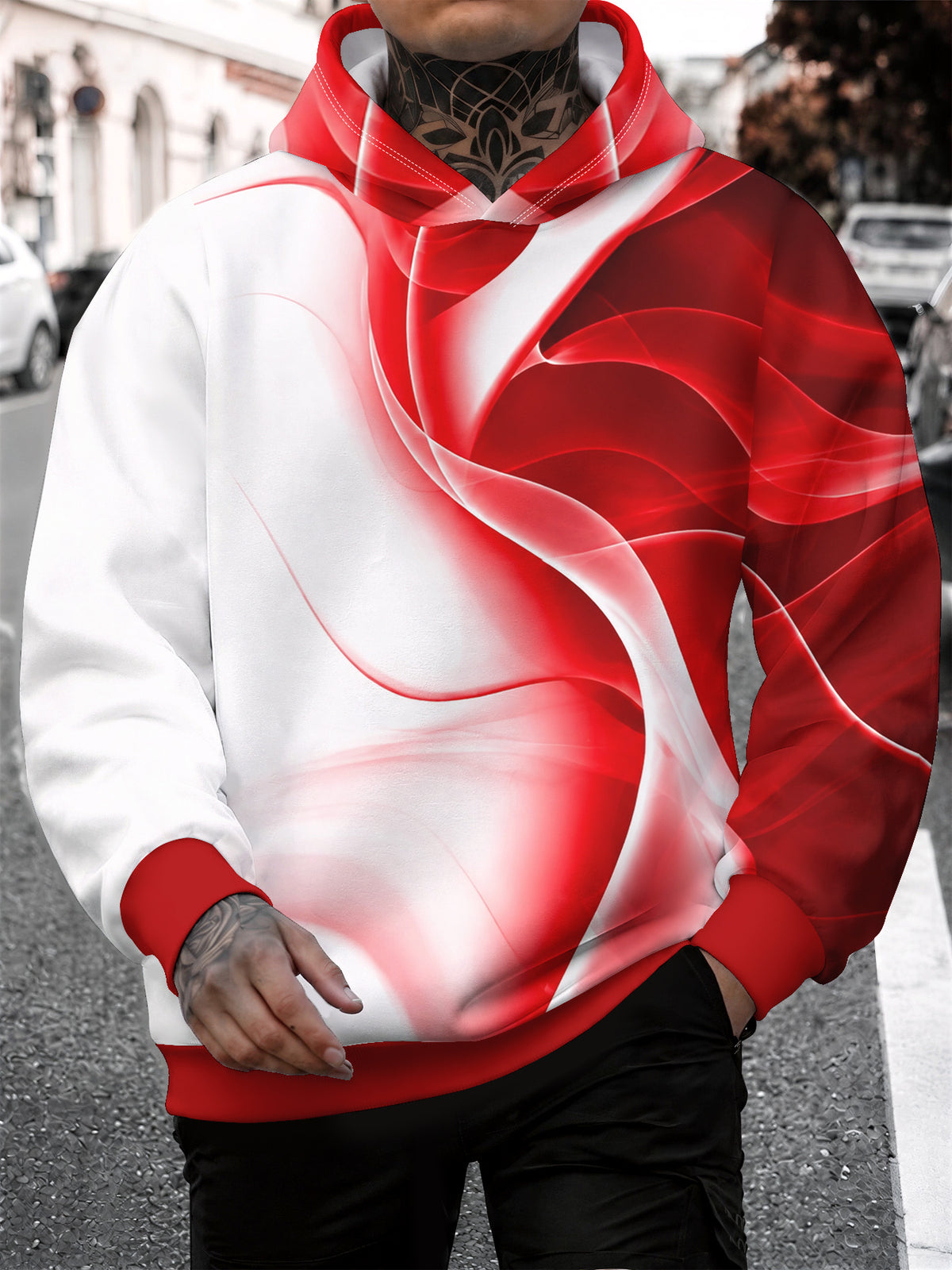 Men's Hoodie with Red-and-white Gradient Fluid Abstract Print, Loose Dropped-shoulder Long-sleeve Pullover Hooded Sweatshirt, Trendy Streetwear Casual Versatile Top - Mixed colors
