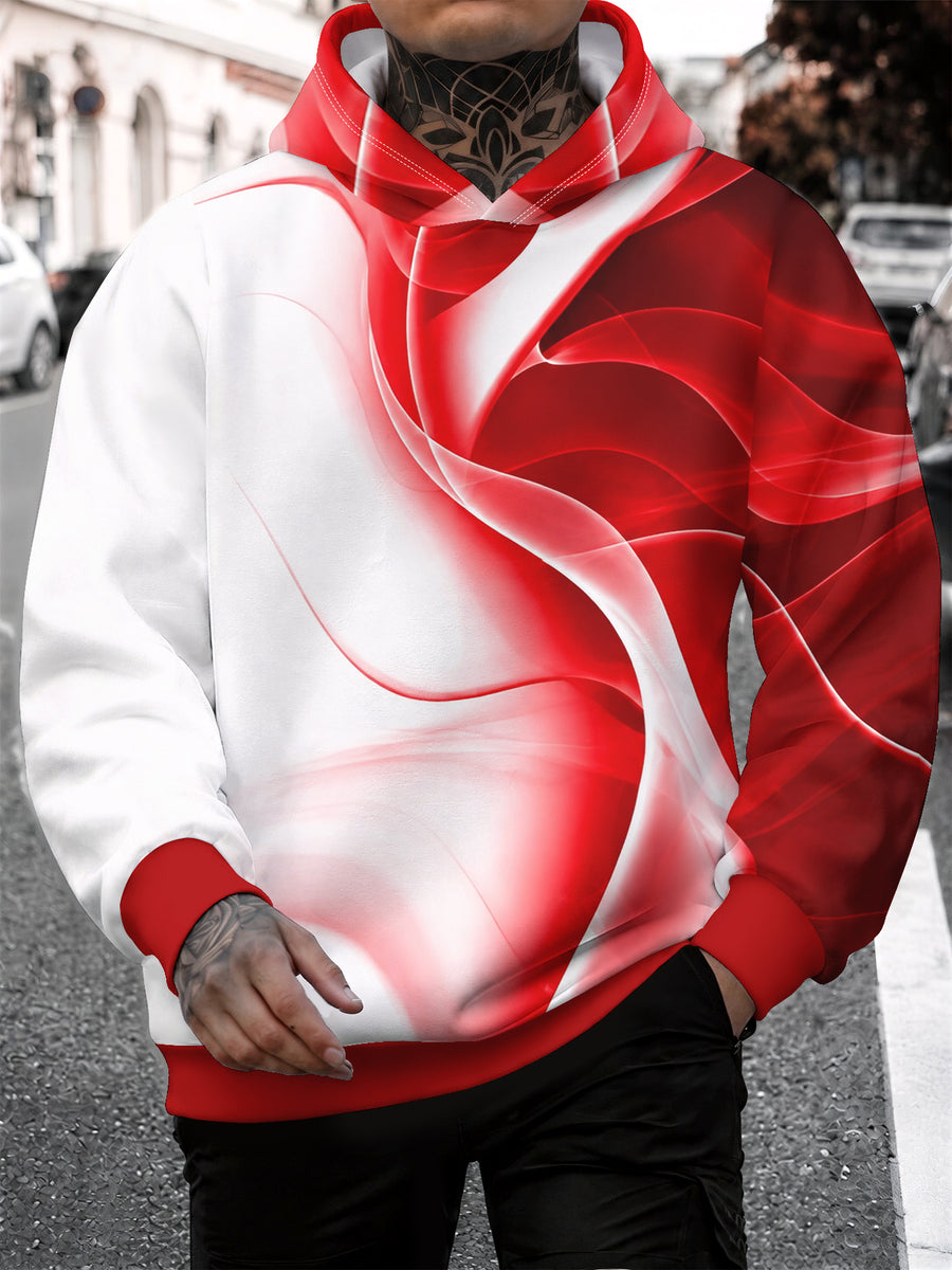 Men's Hoodie with Red-and-white Gradient Fluid Abstract Print, Loose Dropped-shoulder Long-sleeve Pullover Hooded Sweatshirt, Trendy Streetwear Casual Versatile Top - Mixed colors