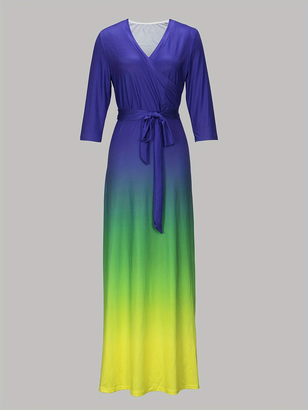 Western Fashion Solid Color V-Neck Women'S Dress Elegant Long Dress with Belt - Blue Green Yellow Gradient