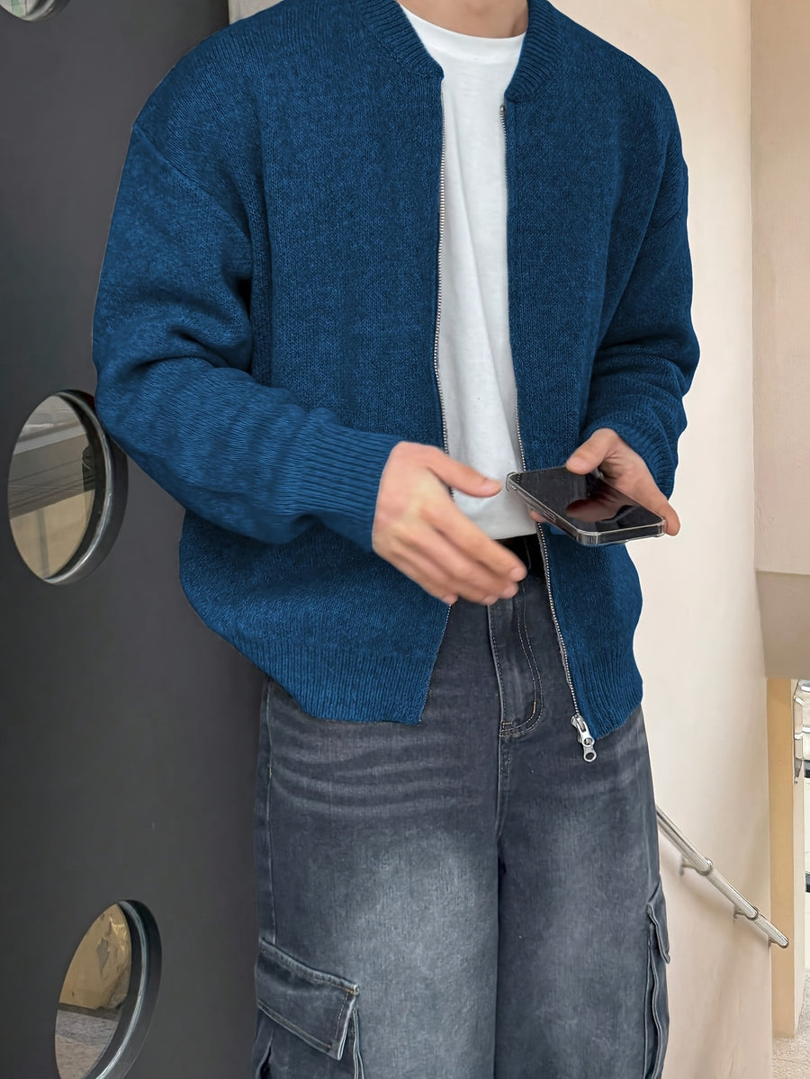 Autumn/Winter New Japanese & Korean Style Men's Simple Versatile Solid Color Casual Loose Long Sleeve Zipper Fabric Cardigan Open Front Knitted Outerwear - Blue