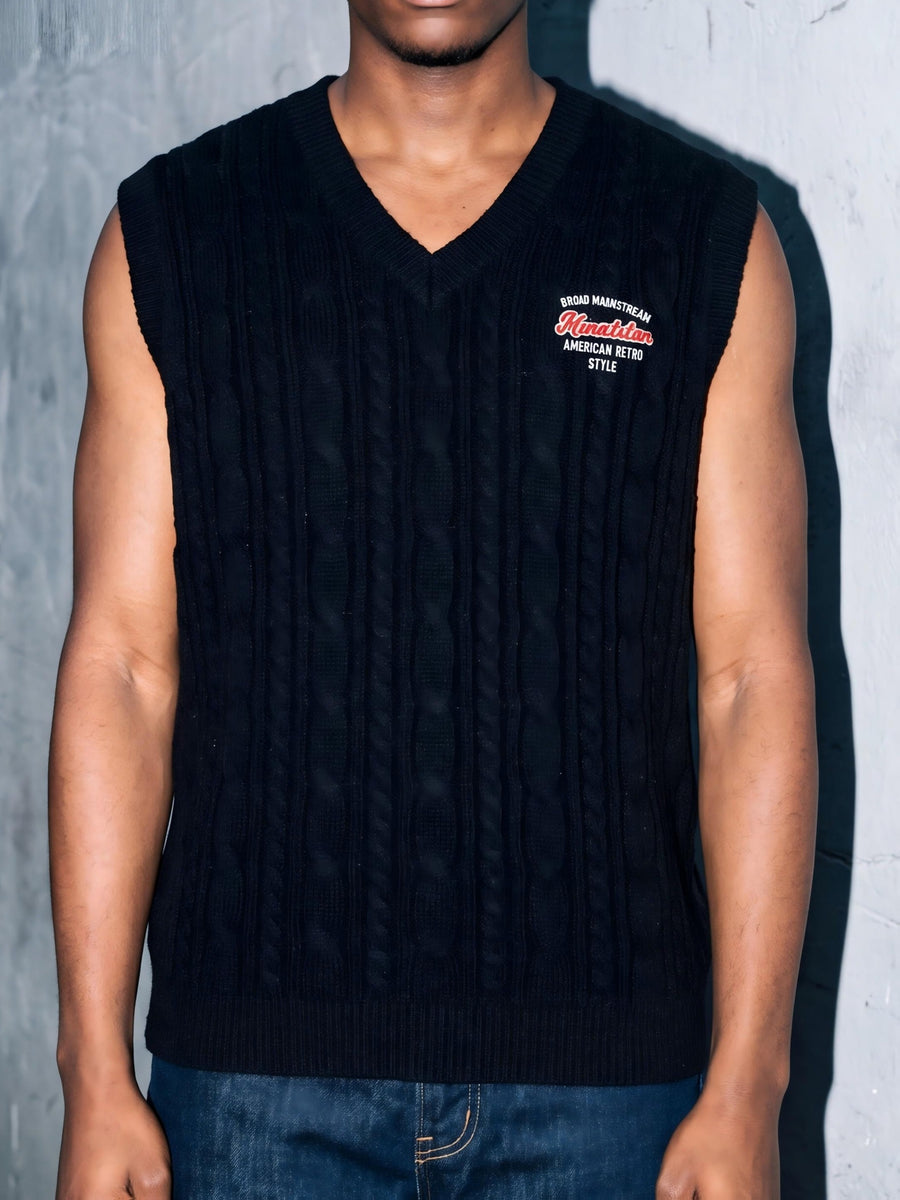 Western Men'S Back-To-School American Preppy Style Jacquard Embroidered V-Neck Knit Vest, Campus Commute Layering for Spring/Autumn - Black