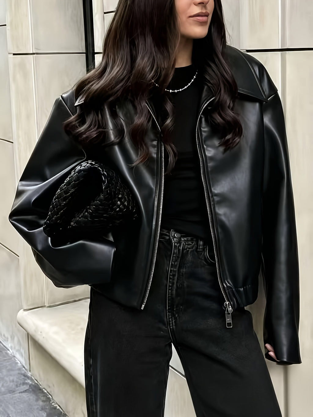 Ladies Fashion Casual Faux Leather Jacket Top - Black
