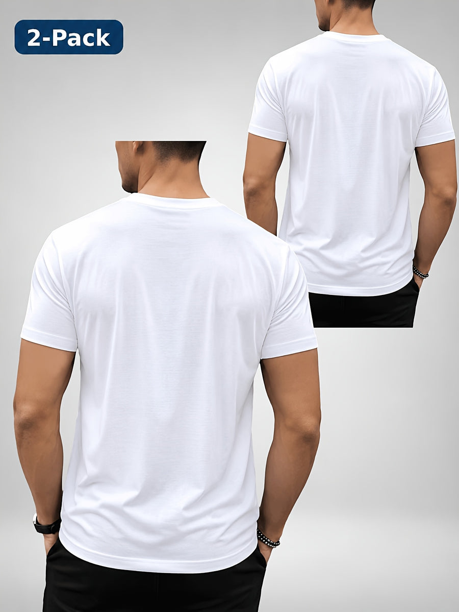 2pcs Men'S Round Neck Short Sleeve Top Set, Round Neck Solid Basic Style Multi-Piece Set, Soft -Like Fabric, Easy And Timeless, Easy to Match, Daily Replacement And Base Layer Short Sleeve Top, Suitable for Commuting, Casual And Home Wear - White+White