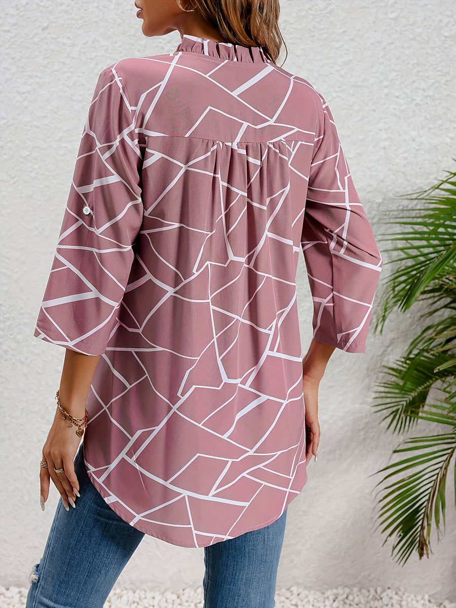 Elegant  Geometric Pattern V-neck Pullover Half-sleeve Shirt - Pink