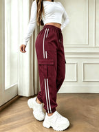 2026 New Striped Drawstring Elastic Waist Sporty Casual Women's Cargo Pants - Burgundy