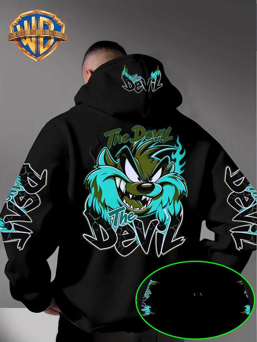 Le Yitong Big Mouth Monster The Devil Flame Print Hoodie, with Sleeve Print Design, Kangaroo Pouch And Drawstring Hood, Suitable for Autumn/Winter Casual Wear And Outdoor Activities - Black