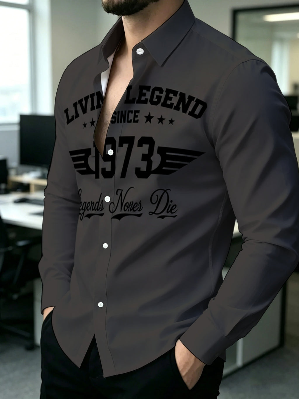 Men'S Long Sleeve Slim Fit Printed Shirt Retro 1973 Theme Casual Business Versatile Top Fashion Commute Daily Outdoor Party Comfortable Version Classic Lapel Suitable for Multiple Occasions Trendy Personalized Letter Pattern Design - Mixed colors