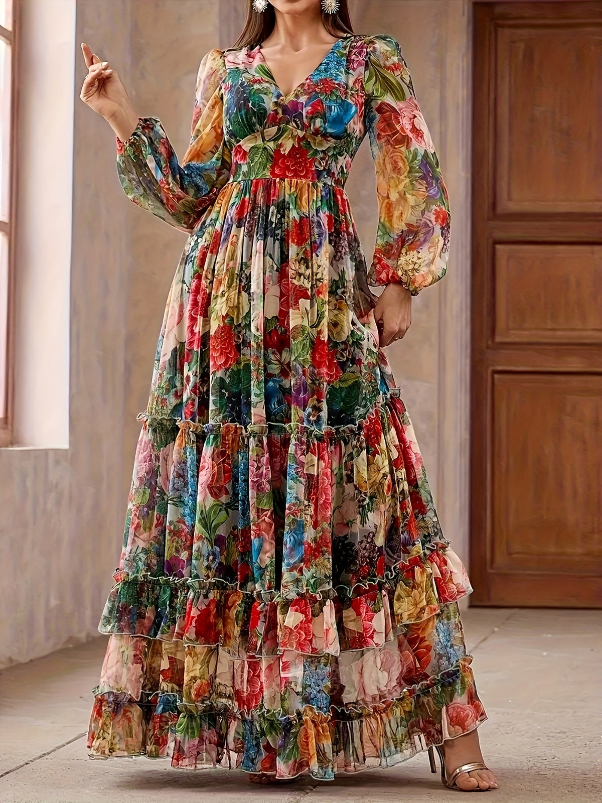 Fashionable, Romantic, and Elegant Women's Printed V-Neck Lantern Sleeve High-Waist Slim-Fit Extra-Long Spliced Maxi Skirt Hem Elegant Dress - Multicolor