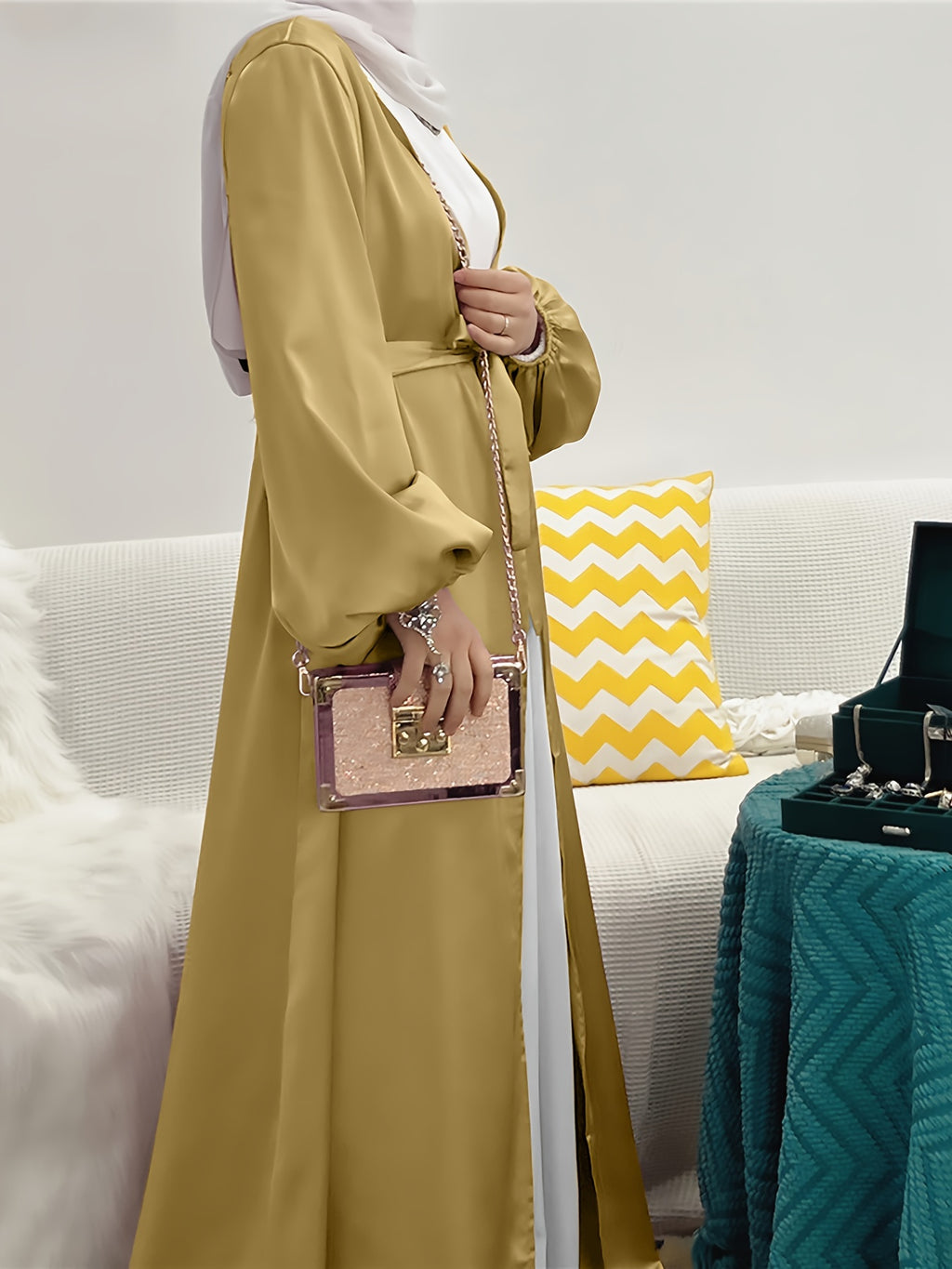 Cross-Border Muslim Women's Satin Bubble Sleeve Robe, Elegant Dubai Middle East Cardigan - Fluorescent Yellow