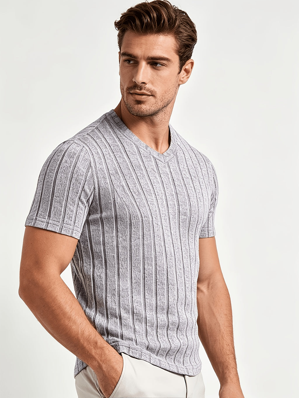 Men's Gray Vertical Rib V-Neck Short Sleeve T-Shirt, Slim Fit Stretch Textured Solid Color Commuter Casual Knit Base Layer Top - Granny Gray