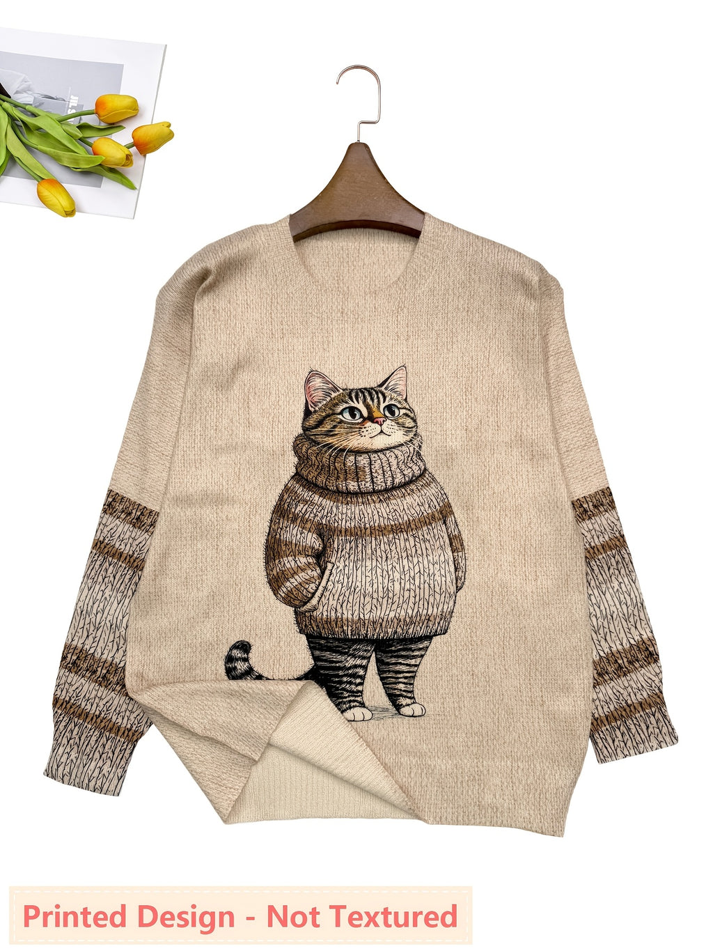 Plus Size - Plus Size - Plus Size Women'S for All Over Printed Long Sleeve Universal Crew Neck Lightweight Sweater, Trendy Wear, Cat Pattern, Perfect for Casual Elegance Style Outfits - Suitable for All Seasons - Coffee Color