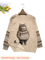 Plus Size - Plus Size - Plus Size Women'S for All Over Printed Long Sleeve Universal Crew Neck Lightweight Sweater, Trendy Wear, Cat Pattern, Perfect for Casual Elegance Style Outfits - Suitable for All Seasons - Coffee Color