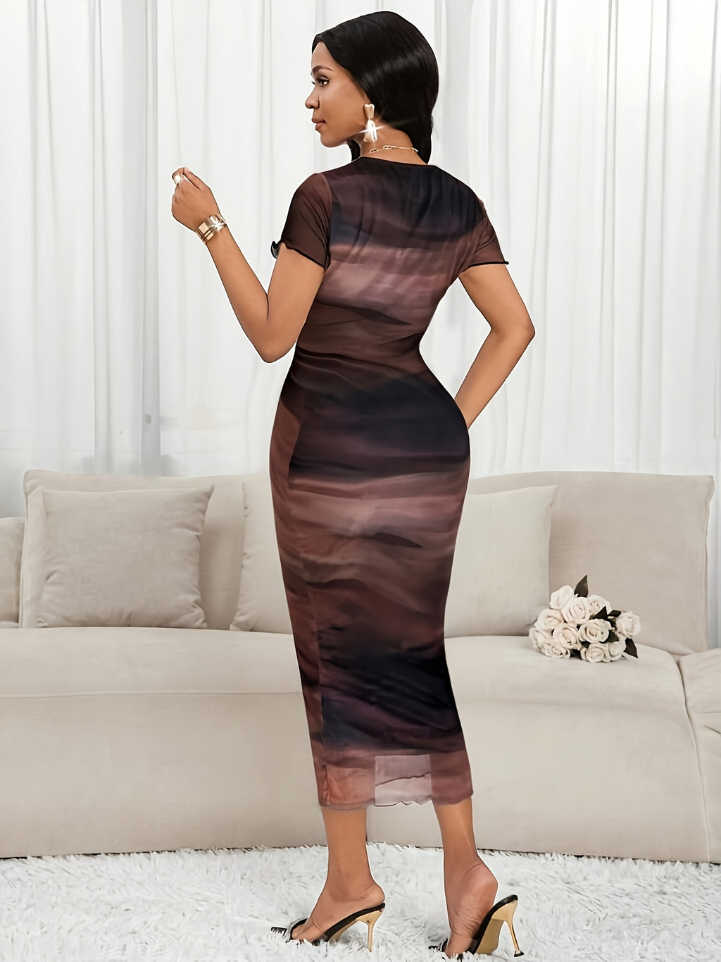 Cat Ear Orientation]Spring/Summer Elegant Orientation Style Spring/Summer Valentine'S Day New Year Party Vacation Evening Party Evening Dress Round Neck Short Sleeve Waist Sheath Dress Tie-Dye Print Mesh Women'S Dress - Multicolor