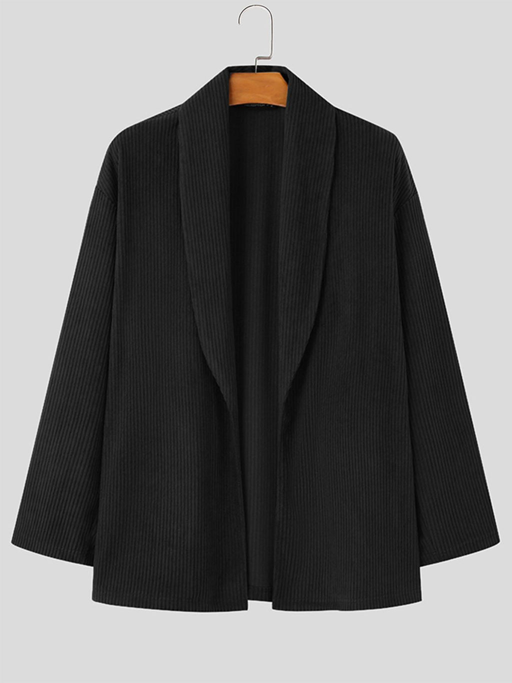 INCERUN Men Corduroy Coat Shawl Collar Long Sleeve Solid Simple Outdoors Coat Kimono Cardigan - Black