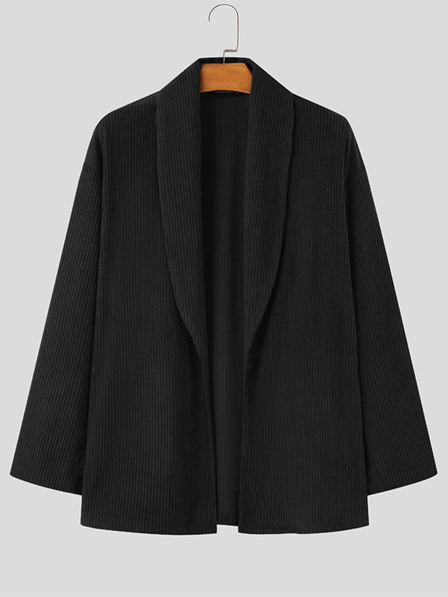 INCERUN Men Corduroy Coat Shawl Collar Long Sleeve Solid Simple Outdoors Coat Kimono Cardigan - Black