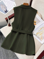 2026 New Light Luxury Matte Texture Waist-Cinching Belted Sleeveless Blazer, Versatile Mid-Length Commuter Suit Jacket for a Flattering Figure - Military Green