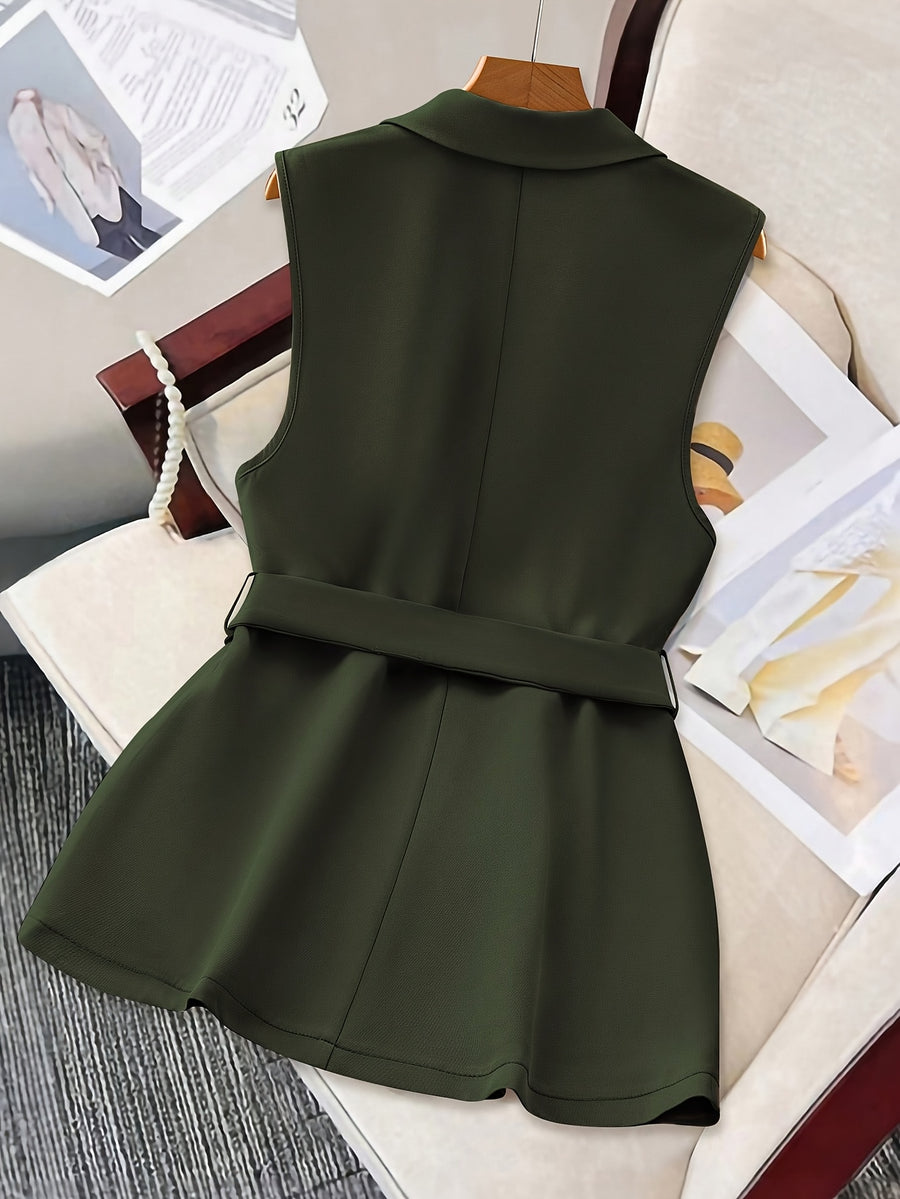 2026 New Light Luxury Matte Texture Waist-Cinching Belted Sleeveless Blazer, Versatile Mid-Length Commuter Suit Jacket for a Flattering Figure - Military Green
