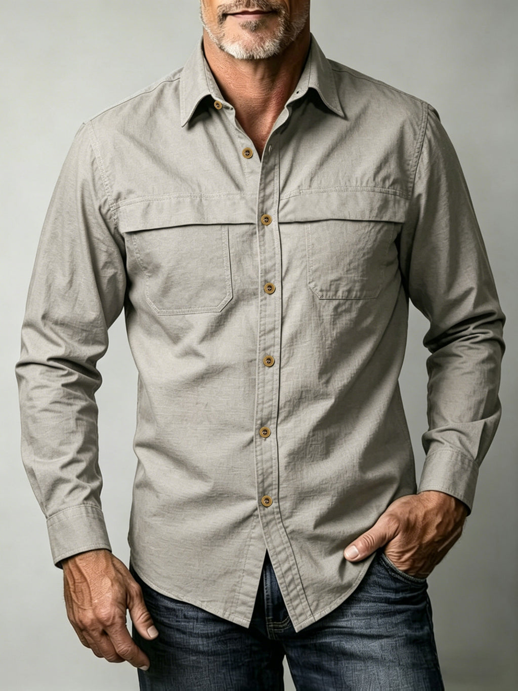 Men'S Solid Color Casual Long-Sleeved Work Shirt, Double Pocket Design, Skin-Friendly And Breathable Fabric, Slim Fit, Stylish And Crisp, Versatile for Spring And Autumn Commuting, Outdoor Activities, And Daily Wear, Durable And Easy to Care for - Khaki