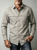 Men'S Solid Color Casual Long-Sleeved Work Shirt, Double Pocket Design, Skin-Friendly And Breathable Fabric, Slim Fit, Stylish And Crisp, Versatile for Spring And Autumn Commuting, Outdoor Activities, And Daily Wear, Durable And Easy to Care for - Khaki