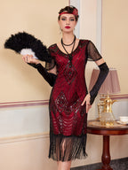 1920S Vintage Sequin Skirt Gatsby Ball Fringe Dress Party Evening Dance Dress Sequined Gown (Dress Solely, No Gloves) - Black&Red