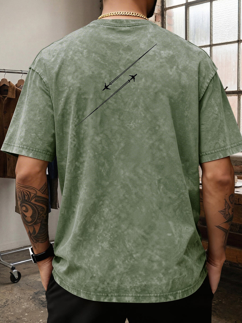 Men'S Heavyweight Washed T-Shirt Minimalist Airplane Line Art Print High Street Vintage Distressed Tee 2026 Summer Casual Urban Wear - Olive Green