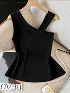 Women'S Elegant Asymmetrical Shoulder Textured Fabric Rose Floral Decoration Button Niche Design Vest Top - Black