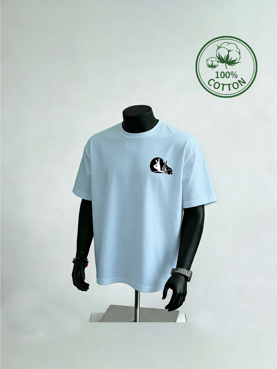 New Summer Style Men's Casual Sportswear with Rabbit Hand Shadow Print, Pure Cotton Short Sleeve, Moisture-Wicking and Sweat-Absorbing, Comfortable for Casual Streetwear and Outdoor Sports & Fitness - Light Blue