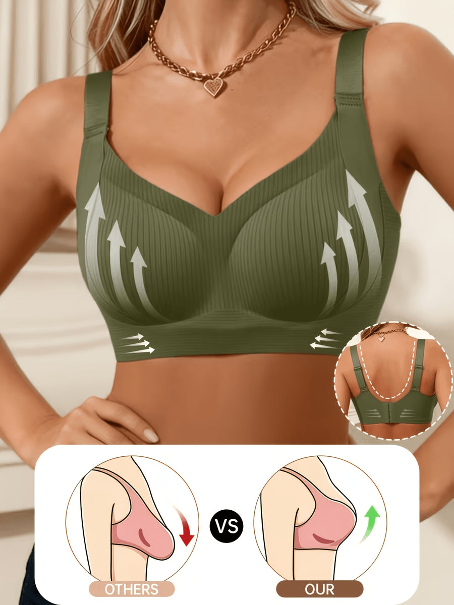 1pc Women'S Seamless Pinstripe Bra Without Underwire, Adjustable Wide Straps, Back with 4 Rows of Buttons, Comfortable Support Without Underwire, Gathering And Lifting Daily Lingerie, Soft And Breathable Removable Cups, Shaping Tight Fit Innerwear - Green