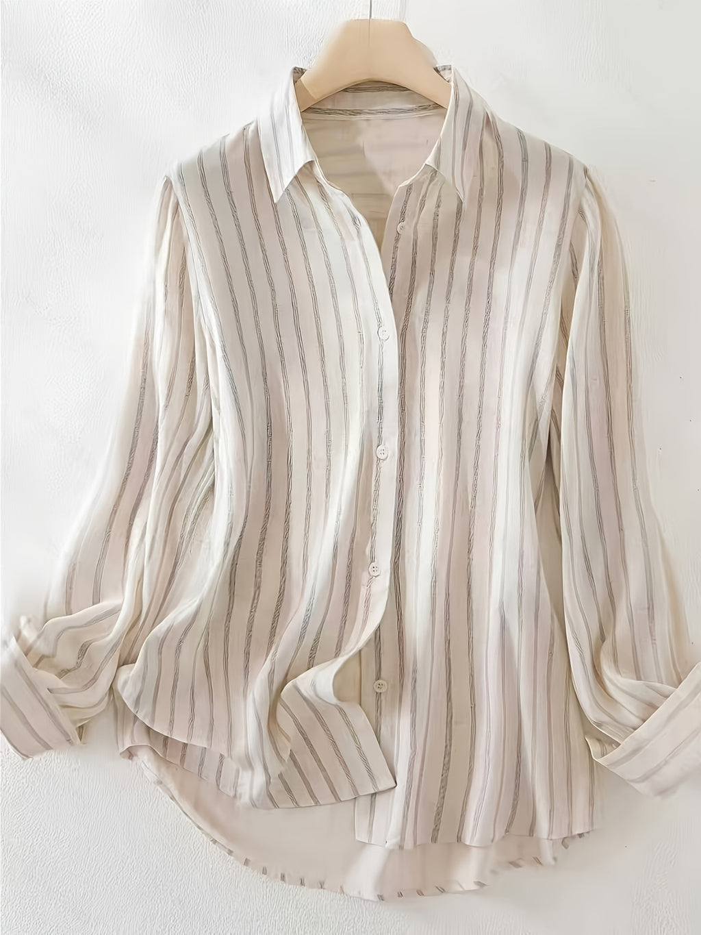 Elegant Striped Color-Blocked Lapel Shirt for Women, Featuring a Single-Breasted Design And Long Sleeves, Perfect for Spring And Autumn Fashion - Apricot Strips