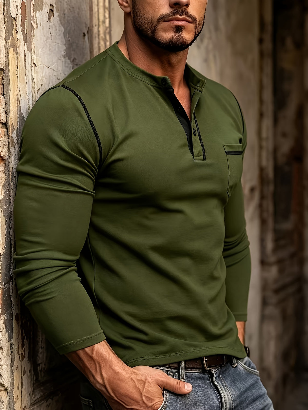 New Quick-Dry Fabric Henley Collar Long Sleeve Men'S Color-Block Lines Chest Pocket Casual Commute Running Fitness Long Sleeve Shirt - Military Green