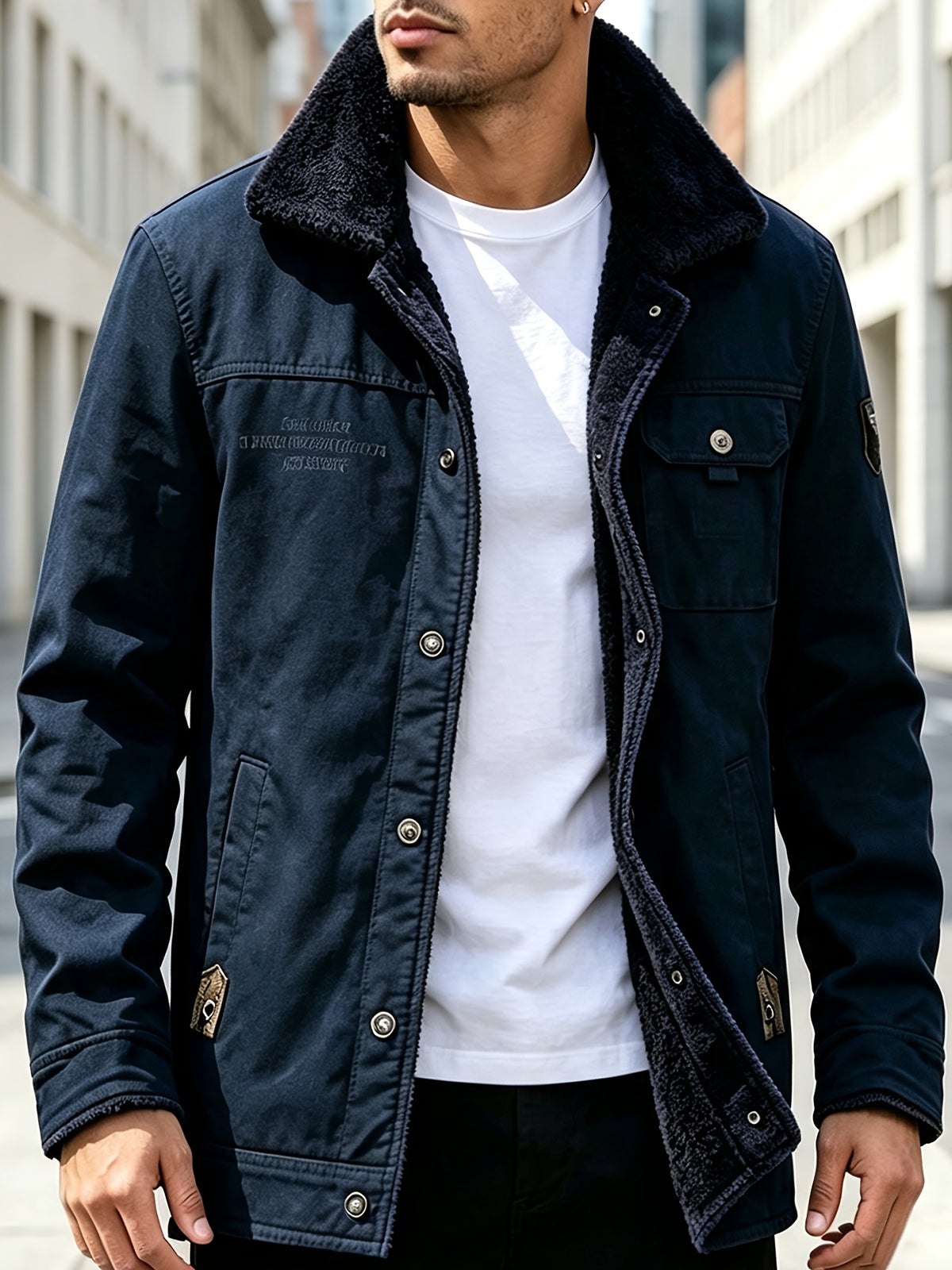 DIFFELEMENT Men's Lapel Workwear Jacket with Temperature-Locking Cold-Resistant and Wear-Resistant Snap Button Placket, Multiple Pockets for Storage, Chest Embroidery Decoration, Label Detail, Neat Stitching Craftsmanship, Classic Vintage Workwear - Navy Color
