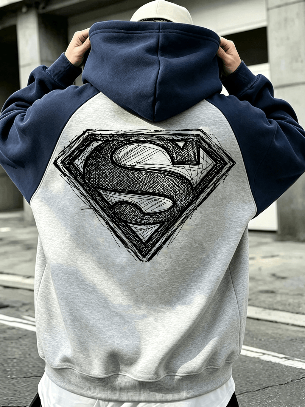WB Warner Bros. Official Licensed Men's Raglan Sleeve Colorblock Zip-Up Hooded Sweatshirt, Hand-Painted Graffiti Superman "S" Logo Print Design, Autumn/Winter Loose Fit Color-Block Striped Sport Hoodie, Trendy Brand Fashion Casual Versatile Zip - Gray And Navy Blue