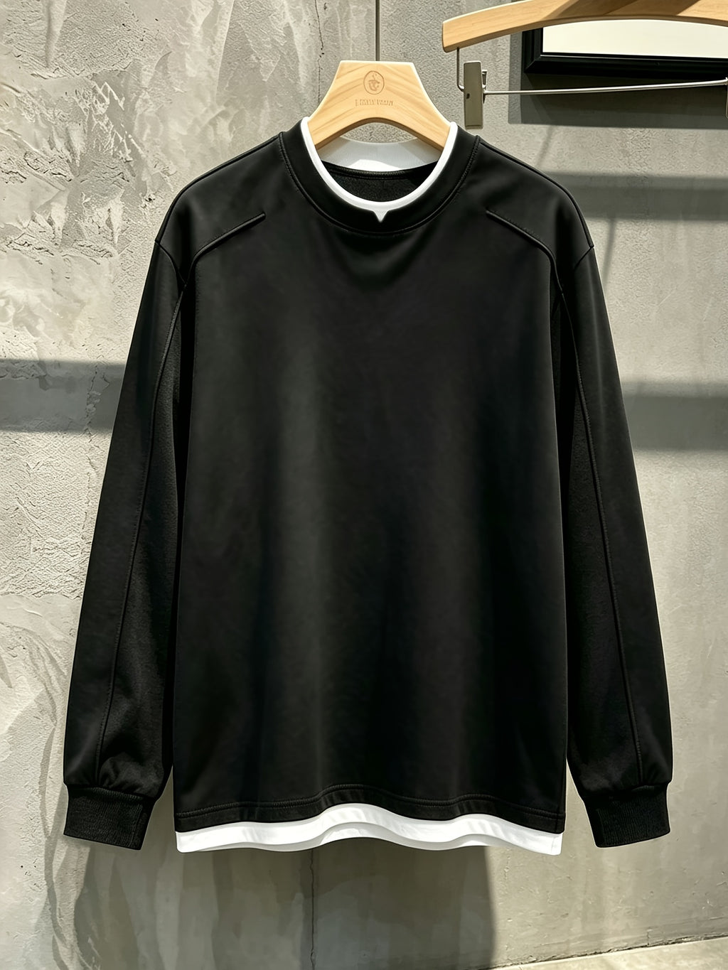 Heavyweight Premium Fake 2pcs Long Sleeve T-Shirt - Handsome Versatile & Comfortable Men's Top for Spring/Autumn, Perfect for Layering and Outerwear - Space Black