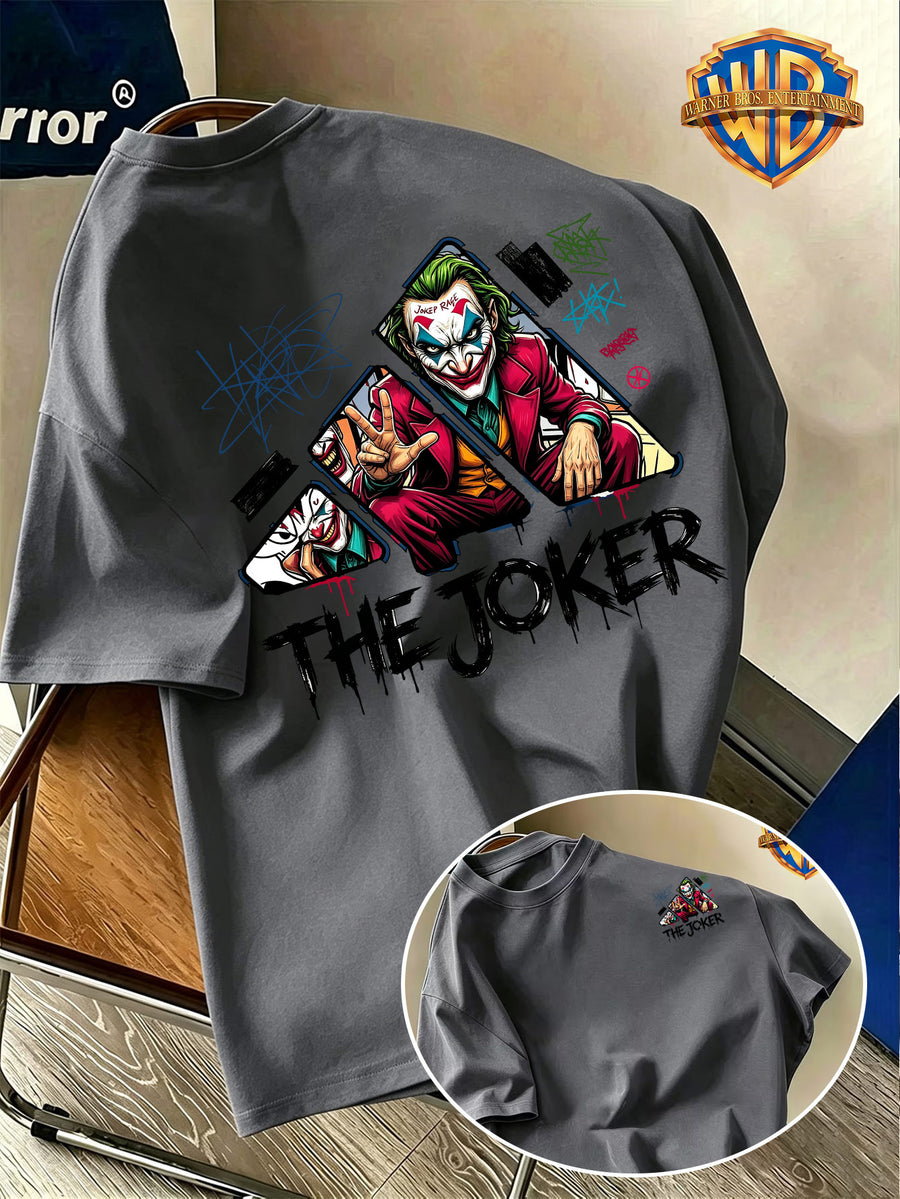 Back-To-School Season Warner Authorized Pure Men'S Short Sleeve T-Shirt, Street Graffiti Style Red Suit Joker Victory Gesture Half-Body Portrait Creative Cartoon Pattern Print, Men'S Casual Trendy Summer Top, Multiple Sizes Available - Dark Gray