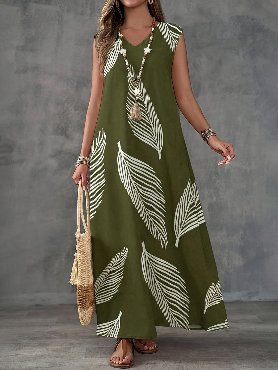 Women's Leaf-pattern V-neck Long Dress, Suitable for Summer Wear - Army Green