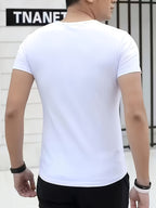 [Printed Design - Not Textured] 2026 New [Printed Design - Not Textured] Minimalist Styling Template, Basic Pure White V-Neck Short Sleeve, Effortlessly Creating Casual Unconventional Western Male Style, Men, Quick-Dry, Spring, Christmas - Mixed colors