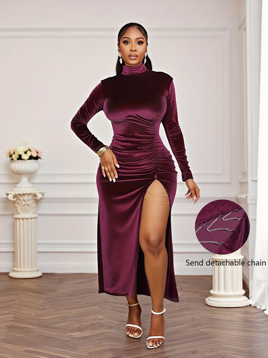 Lady's Fashionable and Elegant Gathering High-neck Velvet Long-sleeved Fitted Pleated Slit Dress/Carnival Costume/Carnival Attire/Festival Outfit/Wedding Date/Valentine's Day Gift - Fuchsia