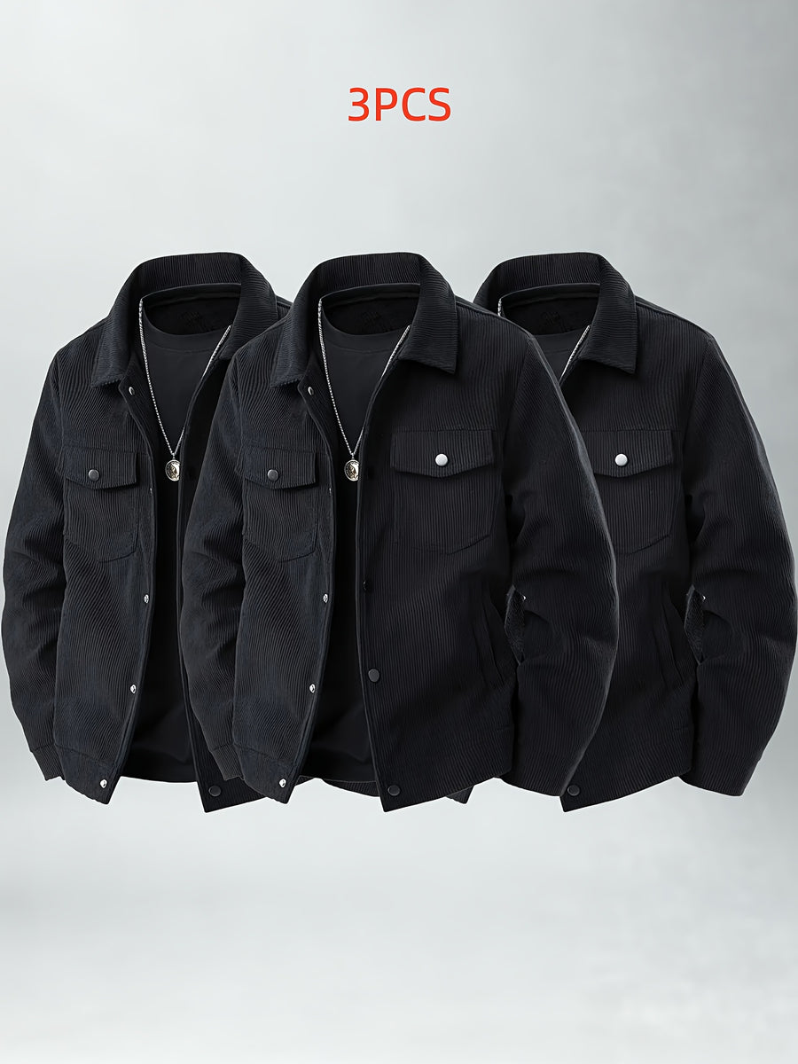Casual Corduroy Work Jacket 3pcs Set Youth Daily Outing Lapel Top - Black