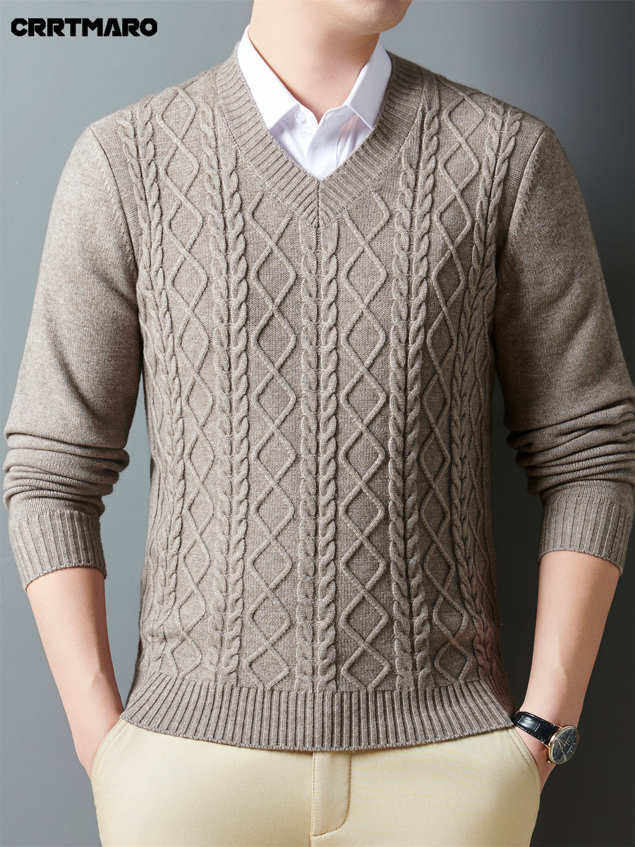 Cartama CRRTMARO Autumn/Winter Knitted 3D Solid Color V-Neck Sweater, Basic Thickened Pullover, Men's Fashion Knitwear Long Sleeve HH - Light Khaki