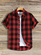 Men's Casual Plaid Button-Up Shirt - Short Sleeve, Black & White Polyester Fabric, Classic Collar, Machine Washable, Perfect for Casual Attire, Versatile Layering Piece | Classic Plaid Shirt | Mandarin Collar Shirt - Red